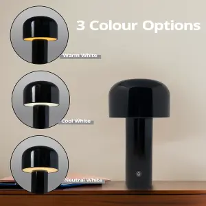 ExtraStar Bedside Mushroom Dimmable 3 Colour Changing Table Lamp Metal USB Rechargeable (Black)