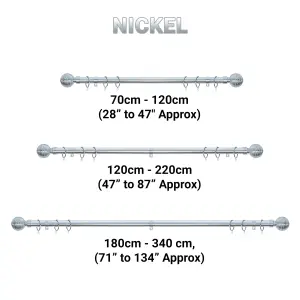 A.Unique Home Etched Ball Metal Extendable Curtain Pole with Rings and Fittings (25/28mm) - Nickel, 70cm - 120cm Approx