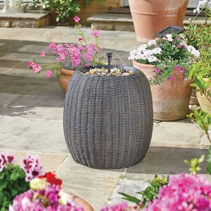 Solar Powered Water Weave Fountain - Hand-Painted Rattan Bowl Outdoor Garden Water Feature with Pebbles - H43 x 40cm Diameter