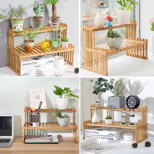 2-Tier Solid Wood Display Rise Plant Display Stands Compact Plant Stand for Desk or Counter 30cm (H)