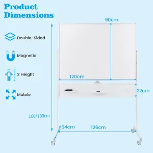 COSTWAY Mobile Whiteboard 120 x 90 CM Double-Sided Dry Erase Board with Stand