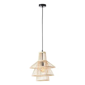 Luminosa Minato Single Pendant Ceiling Lamp, Natural Bamboo, Matt Black