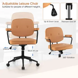 Costway Home Office PU Leather Desk Chair Upholstered Swivel Task Chair W/ Rocking Backrest & Armrest