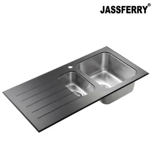 JASSFERRY Glossy Black Glass Top Kitchen Sink Stainless Steel 1.5 Bowl Left Hand Drainer