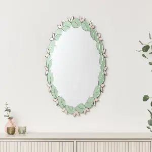 Melody Maison Pink & Green Oval Floral Art Deco Wall Mirror 80cm x 49cm