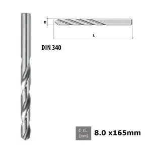 Quality Drill Bit For Metal - Polished HSS DIN 340 Silver - Diameter 8.0mm - Length 165mm