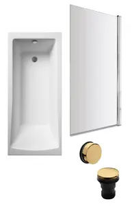 Square Single Ended Bath, Square Screen and Brushed Brass Waste - 1700 x 700mm