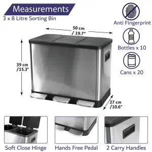 Kitchen Bin Recycling 3 Compartments 24 Litre Rubbish Pedal Bin