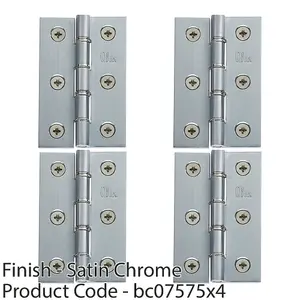 4 PACK - PAIR Double Steel Washered Butt Hinge - 76 x 50mm Satin Chrome Door Fixing