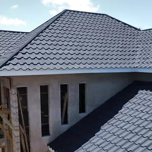 Stone Coated Metal Roofing Tiles on Eaves, Shed Bitumen Roofing Shingle, Ink Grey, 5 Pcs