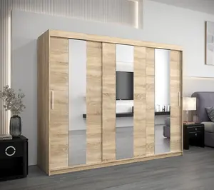 Stylish Oak Sonoma Pole Sliding Door Wardrobe W2500mm H2000mm D620mm - Mirrored Storage with Silver Handles