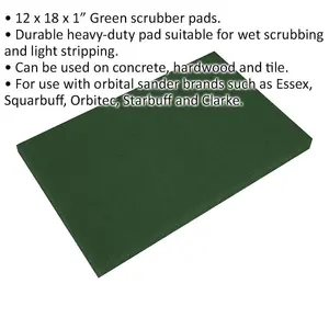 5 PACK Heavy Duty Green Scrubber Pads - 12 x 18 x 1" - Concrete Hardwood & Tile