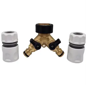 Dual Tap Brass Connector Set with 2 hose end connectors 3/4" Hazelock Universal