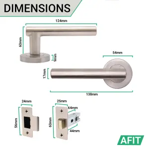 AFIT Satin Nickel Door Handle Latch Set - Pack of 6 Round T-Bar Internal Door Handles & Latch (64mm) Satin Lever on Rose Olvera