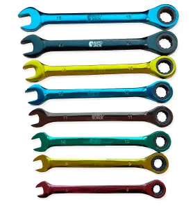 Autojack 12 Piece Multi Coloured Ratchet Spanner Set Colour Coded with Storage Rack