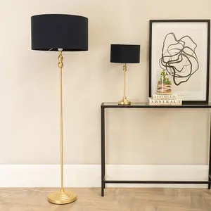 ValueLights Maggie Gold Metal Candlestick Floor Lamp with Black Fabric Lamp Shade and LED Bulb