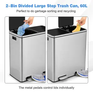 Costway 2x30L Recycling Pedal Bin Double Kitchen Waste Bin with Plastic Inner Buckets