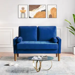 121CM Velvet Love Seat Blue Couch with 2 Pillows