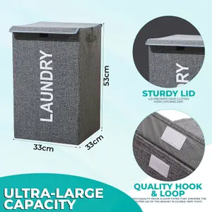 Grey Polyester Large Laundry Hamper Collapsible Laundry Basket - 57L