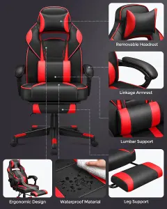 SONGMICS Desk Chair, Gaming Office Chair Featuring Footrest, Ergonomic Headrest and Lumbar Support, Black and Red