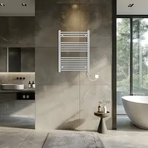 Rinse Bathrooms Prefilled Electric Thermostatic Heated Towel Rail Bathroom Radiator Straight with 400W Timer Chrome 800x600mm