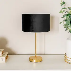 ValueLights Charles Gold Stem Table Lamp with Black Velvet with Gold Inner Lamp Shade and LED Bulb