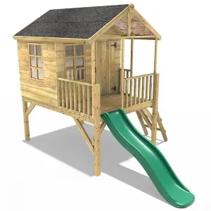 Rebo 5FT x 5FT Childrens Wooden Garden Playhouse on Deck + 6ft Slide - Partridge Green