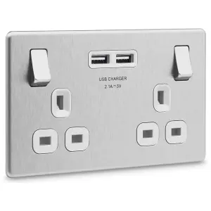 BG Nexus Screwless Switched Socket Dual USB-A 13A 2G Brushed Steel - FBS22UW