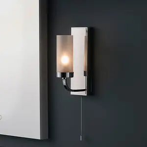 Polished Chrome Bathroom Wall Light & Frosted Glass Shade - Decorative Sconce