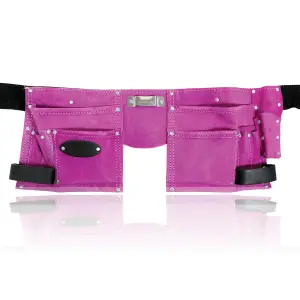 SPARES2GO Gardening Tool Belt Pink Double Leather 11 Pouch Purple Holder Adjustable Suede