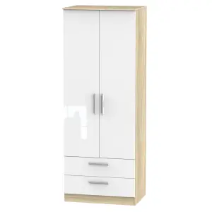 Trent 2 Door 2 Drawer Wardrobe in White Gloss & Bardolino Oak (Ready Assembled)