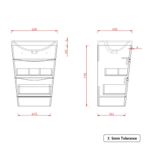 SunDaze 600mm Gloss Grey 2 Drawer Floor Standing Cabinet Storage Furniture Vanity Sink Unit