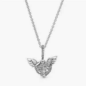 Pandora Pavé Heart And Angel Wings Necklace - Sterling Silver / Cubic Zirconia - Sz. 45 cm