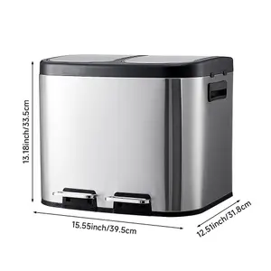 Stainless Steel Dual Rubbish Bin, 2-Compartment Metal Pedals Bin with Lids 2x10L