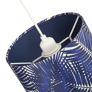 Modern Navy Midnight Blue Palm Leaves Drum Lamp Shade in Shimmer Satin Fabric