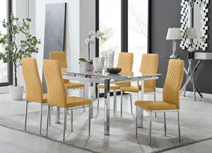 Furniturebox UK 6 Seater Dining Set - Enna White Glass & Chrome Extendable Dining Table and Chairs - 6 Mustard Velvet Milan Chairs