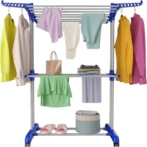 3 Tiers Foldable Stainless Steel Clothes Airer Drying Rack for Indoor Outdoor-Blue