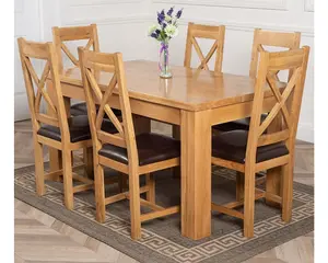 Dakota 152 x 87 cm Chunky Medium Oak Dining Table and 6 Chairs Dining Set with Berkeley Brown Leather Chairs