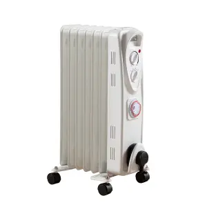 Daewoo 1500W Oil Filled Radiator 7 Fin Portable Heater With Timer 3 Heat Settings White HEA1894GE