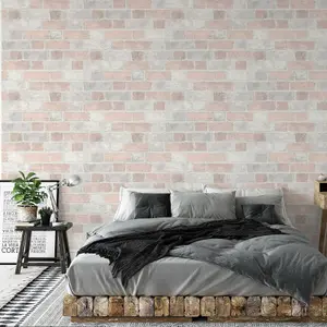 Brick Wall Effect Stone Pale Pink Light Grey Rustic Wallpaper Blush Girls Art