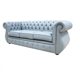 Chesterfield 3 Seater Shelly Piping Grey Leather Sofa Bespoke In Kimberley Style