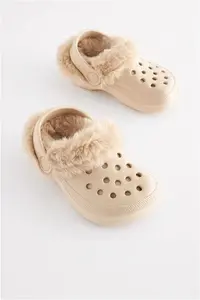 Girls Next Neutral Beige Faux Fur Lined Clog Slippers - Neutral Beige