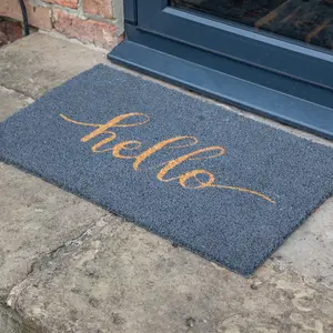 Printed Natural Coir Novelty Door Mat Grey Hello Decorative Heavy Duty Entrance Mat 45cm x 75cm Indoor / Sheltered Outdoor Use