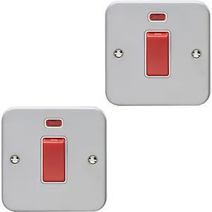 2 PACK 1 Gang Single 45A Cooker Switch & Neon HEAVY DUTY METAL CLAD DP Appliance