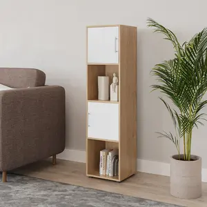 URBNLIVING 119cm Height 4 Cube Bookcase Oak Wooden White Door Metal Handle Display Storage Shelf