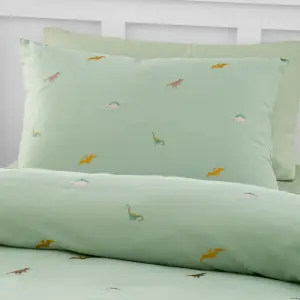 Catherine Lansfield Bedding Embroidered Dinosaur Single Duvet Cover Set with Pillowcase Green