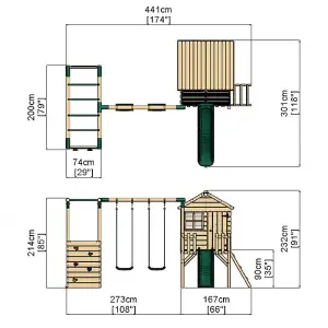 Rebo Orchard 4ft Wooden Children's Playhouse, Swings, Monkey Bars, Deck & 6ft Slide - Double Swing - Venus Green