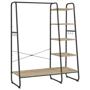 VASAGLE Clothes Rail, Clothes Rack with Shoe Shelf, 5-Tier Storage Rack, 6 Side Hooks, Turquoise Brown and Matte Black