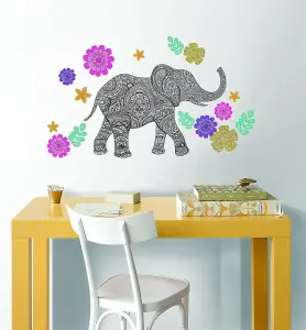 Wallpops Large Self-Adhesive Elephant Colourful Flowers Wall Art Stickers