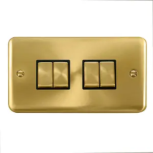 Curved Satin / Brushed Brass 10A 4 Gang 2 Way Ingot Light Switch - Black Trim - SE Home